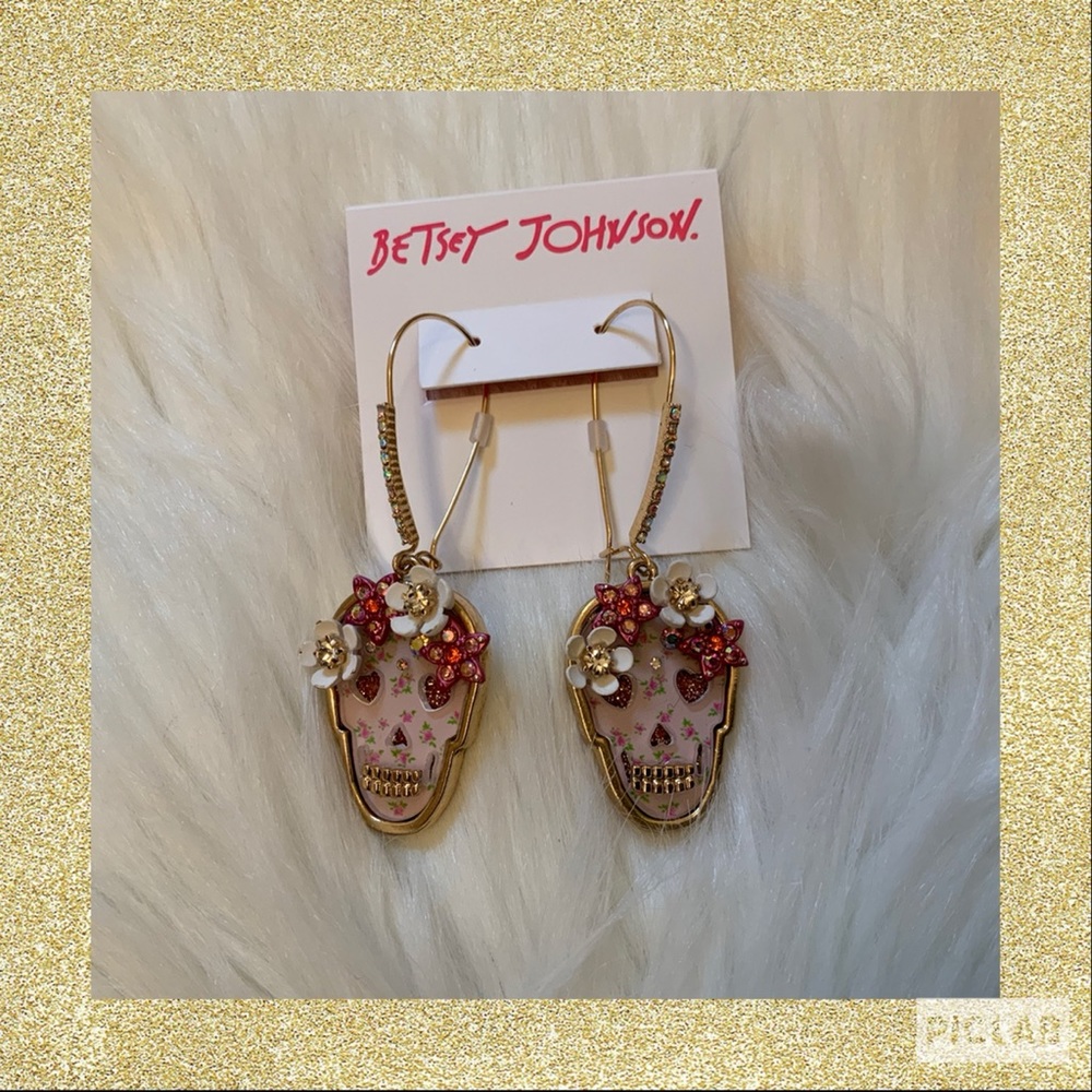 Betsey Johnson Floral Sugar Skull Dangle Earrings